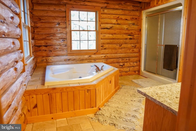 bathroom featuring log walls, vanity, and independent shower and bath