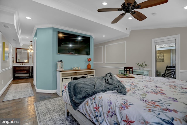 bedroom with ceiling fan, crown molding, and dark hardwood / wood-style floors