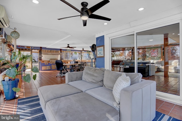 tiled living room with an AC wall unit and ceiling fan