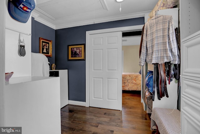 interior space featuring crown molding and hardwood / wood-style floors