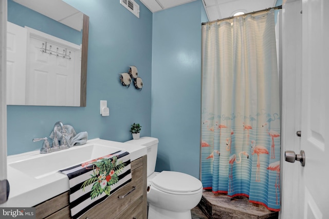 bathroom with vanity, toilet, and a shower with shower curtain