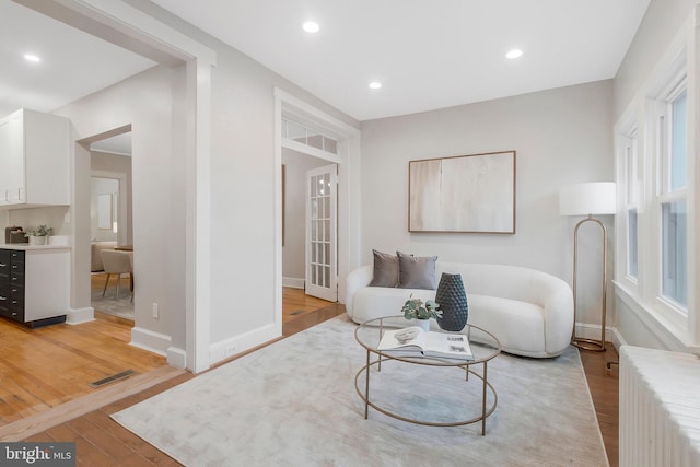 living room with radiator heating unit and light hardwood / wood-style floors