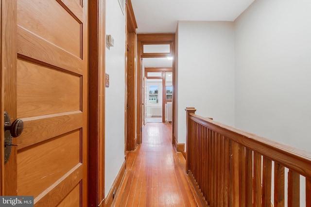 corridor featuring light wood-type flooring and radiator