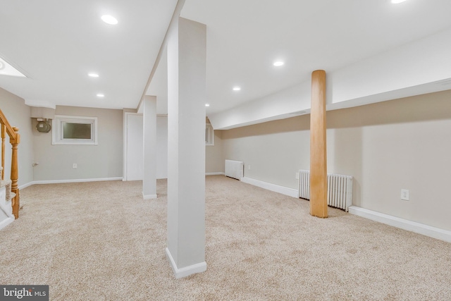 213 Channing St NE, Washington, DC 20002 - finished basement with carpet flooring, radiator, stairs, and recessed lighting