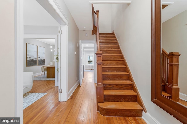 staircase with hardwood / wood-style flooring