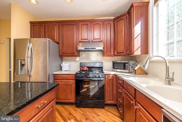 kitchen with plenty of natural light, appliances with stainless steel finishes, sink, and light wood-type flooring