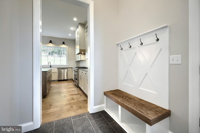 mudroom featuring sink and dark wood-type flooring