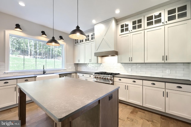 kitchen featuring custom exhaust hood, hanging light fixtures, appliances with stainless steel finishes, light hardwood / wood-style floors, and sink