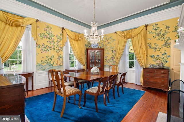 dining room featuring dark wood-type flooring, an inviting chandelier, a wealth of natural light, and crown molding