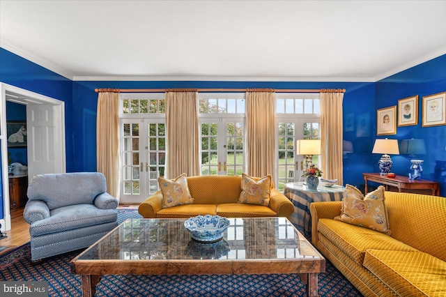 living room featuring wood-type flooring, crown molding, and french doors