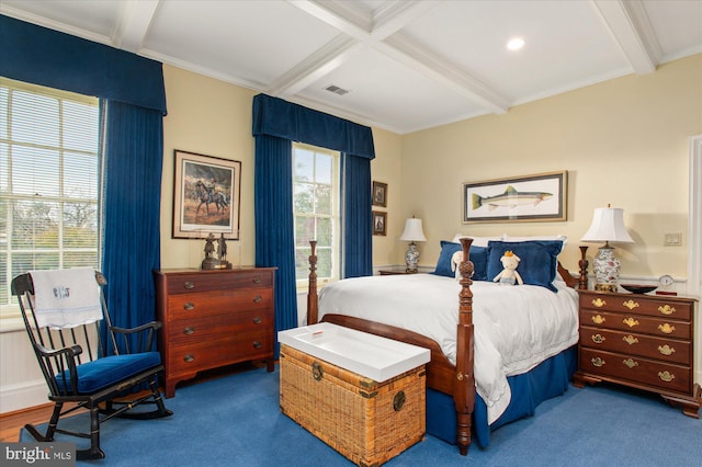 bedroom featuring beamed ceiling, crown molding, and coffered ceiling