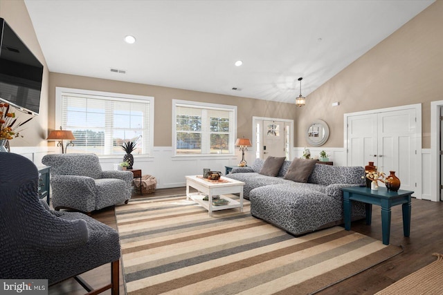 living room featuring vaulted ceiling and hardwood / wood-style flooring