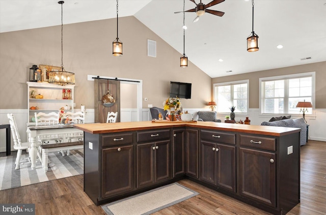 kitchen featuring dark hardwood / wood-style floors, dark brown cabinetry, and a barn door