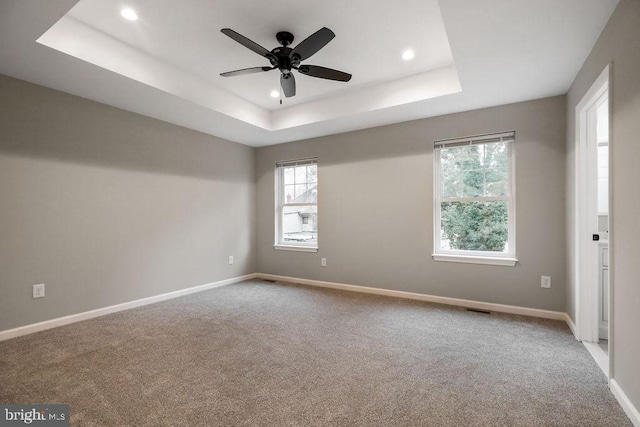 unfurnished room with carpet flooring, ceiling fan, and a tray ceiling