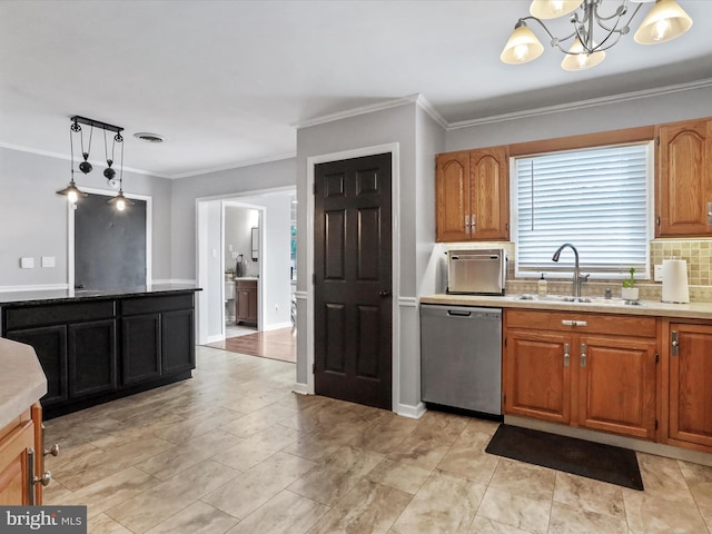 kitchen with tasteful backsplash, stainless steel dishwasher, sink, pendant lighting, and a chandelier