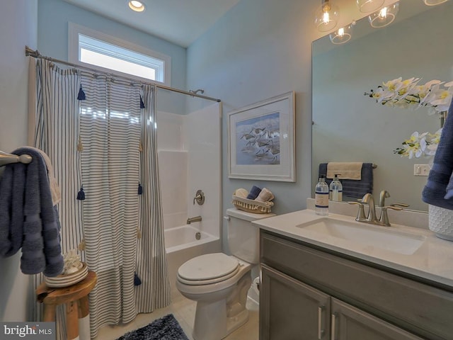 full bathroom featuring vanity, tile patterned floors, toilet, and shower / bathtub combination with curtain