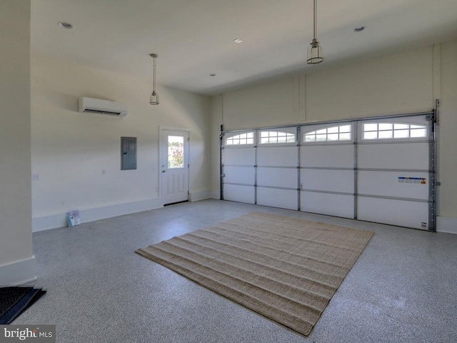 garage featuring electric panel and an AC wall unit