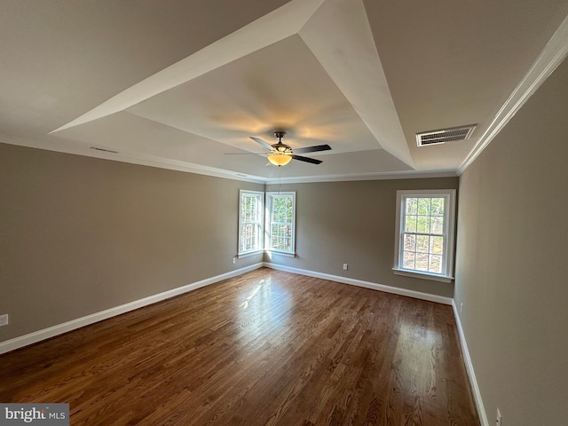 unfurnished room featuring ceiling fan, ornamental molding, and hardwood / wood-style floors