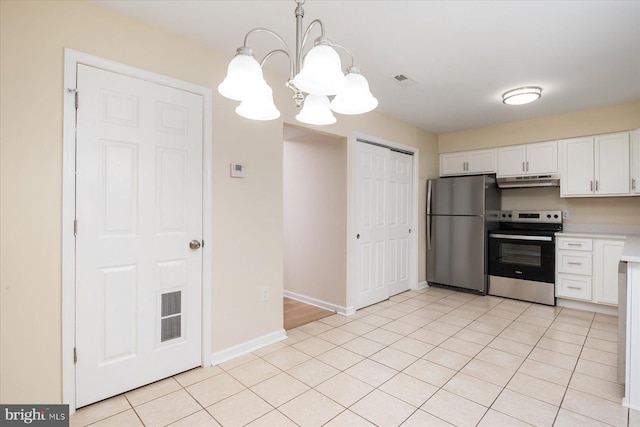 kitchen with light tile patterned flooring, white cabinetry, stainless steel appliances, decorative light fixtures, and a notable chandelier