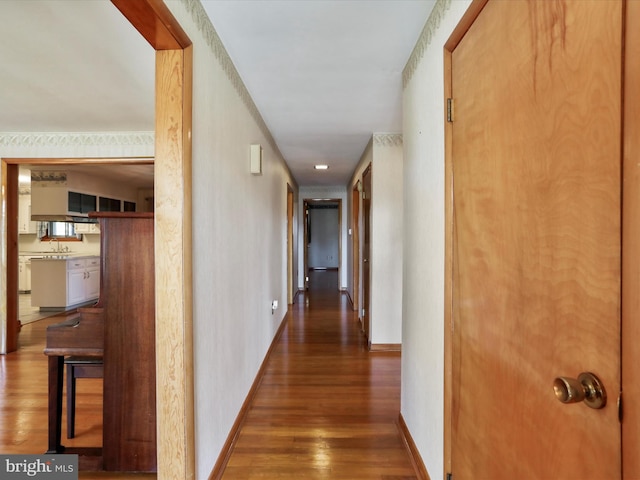 hallway with dark hardwood / wood-style floors and sink