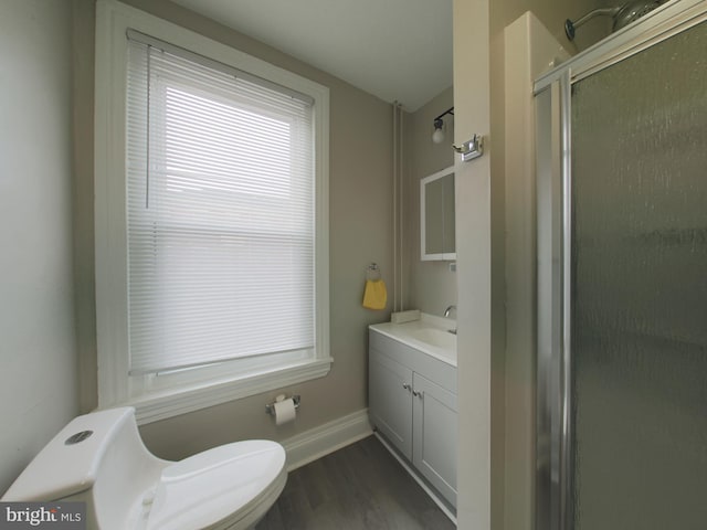 bathroom featuring vanity, toilet, wood-type flooring, and a shower with shower door