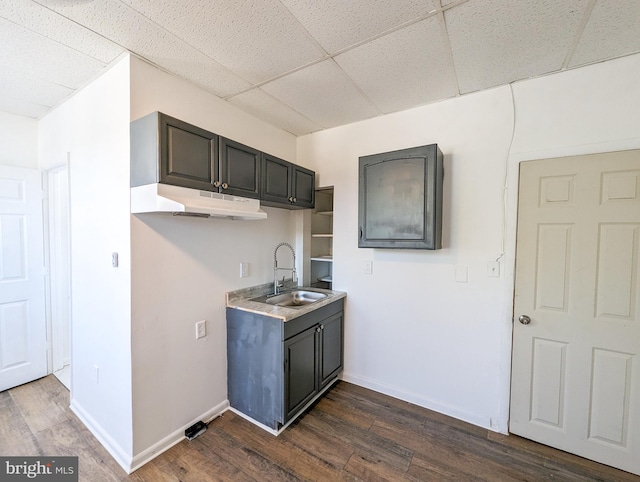 5200 Ballman, Brooklyn, MD 21225 - kitchen with a paneled ceiling, a sink, dark wood-style flooring, under cabinet range hood, and baseboards