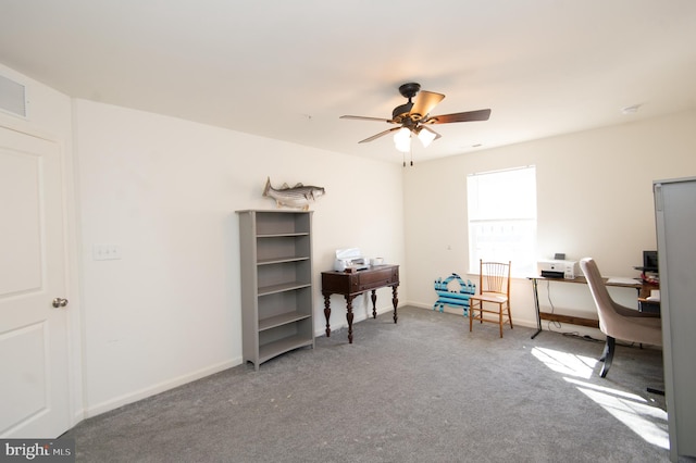 office area featuring ceiling fan and carpet floors