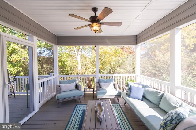 sunroom / solarium with ceiling fan and wood ceiling