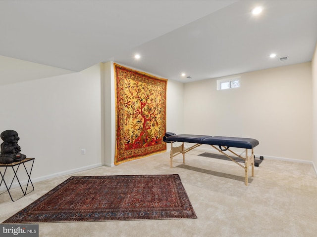 recreation room with light carpet