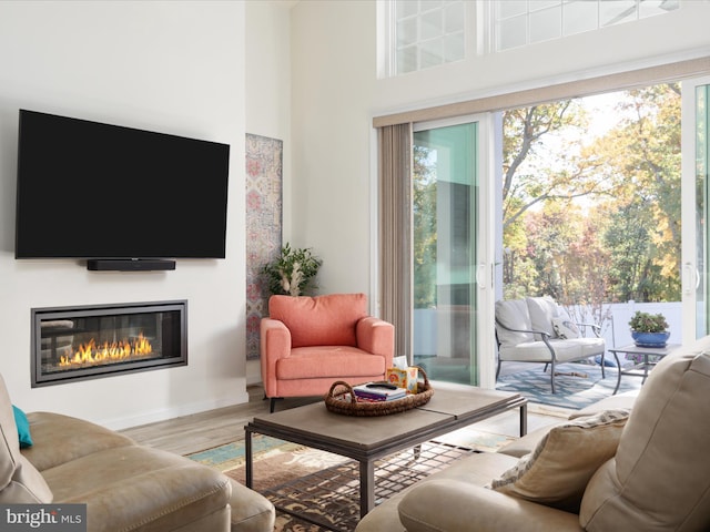 living room with hardwood / wood-style flooring, a towering ceiling, and plenty of natural light