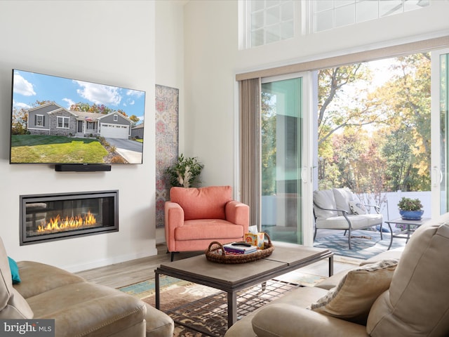 living room with a high ceiling, hardwood / wood-style flooring, and plenty of natural light