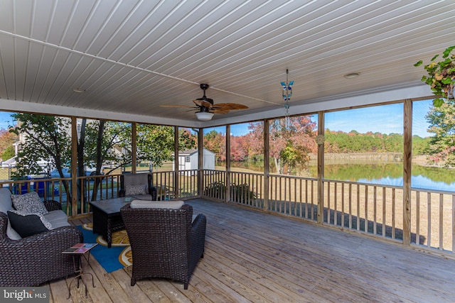 sunroom / solarium with a water view, ceiling fan, and wooden ceiling