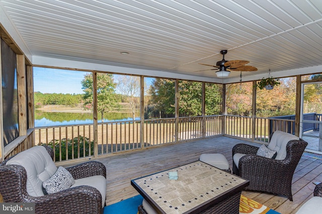 sunroom featuring a wealth of natural light, a water view, wooden ceiling, and ceiling fan