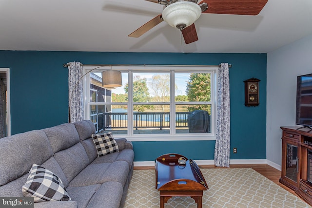 living room featuring ceiling fan and wood-type flooring