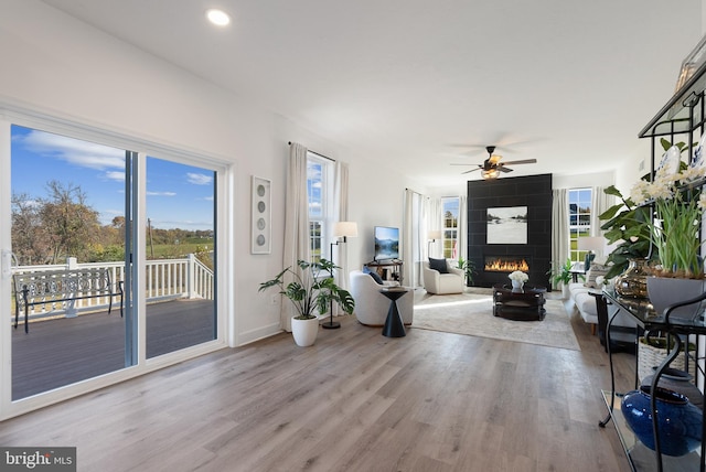 entryway with ceiling fan, wood-type flooring, and a fireplace