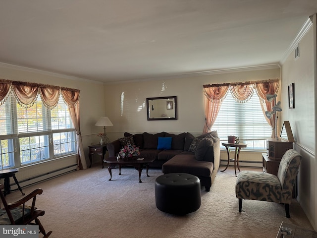 living room with baseboard heating, crown molding, and carpet