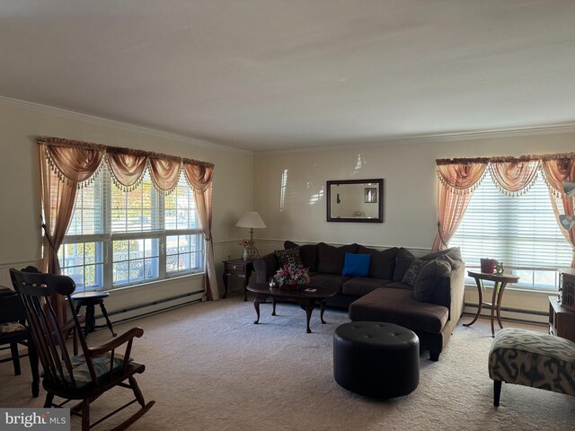 carpeted living room with baseboard heating and crown molding