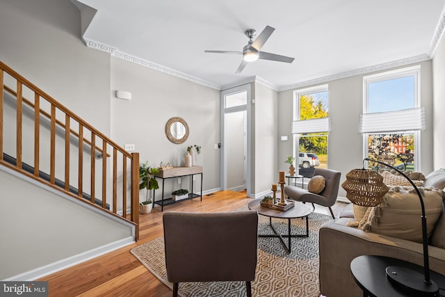 living room with light hardwood / wood-style flooring, ceiling fan, and crown molding