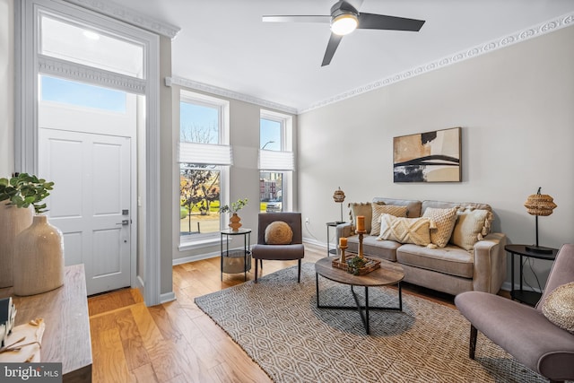 living room with light hardwood / wood-style floors, ceiling fan, and crown molding