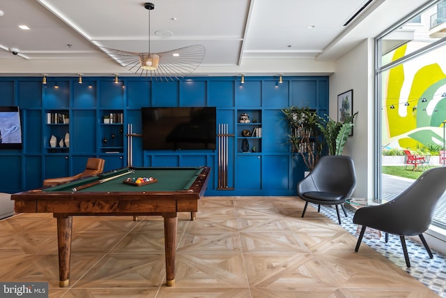 recreation room featuring light parquet floors and billiards