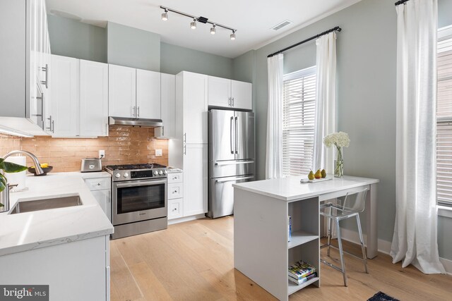 kitchen with kitchen peninsula, stainless steel appliances, sink, white cabinets, and light hardwood / wood-style floors