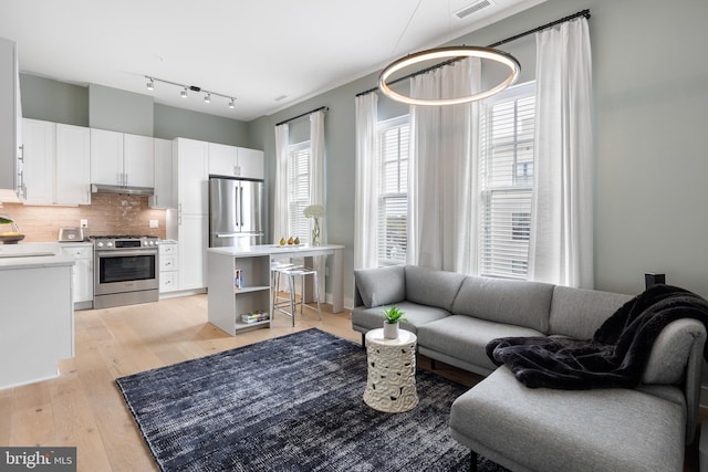 living room with light hardwood / wood-style floors and sink