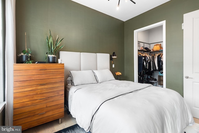 bedroom with a closet, a spacious closet, and wood-type flooring