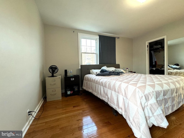 bedroom featuring a walk in closet, a closet, and hardwood / wood-style flooring