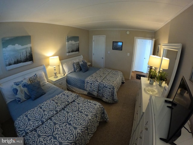 bedroom with vaulted ceiling and carpet floors