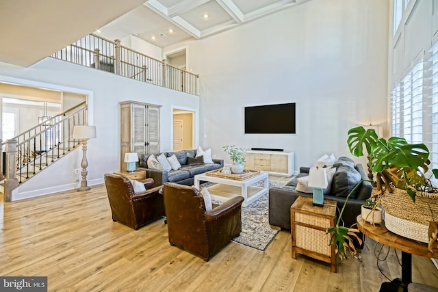 living room featuring a towering ceiling and light hardwood / wood-style flooring