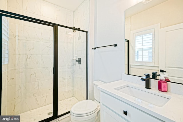 bathroom featuring vanity, toilet, and a stall shower