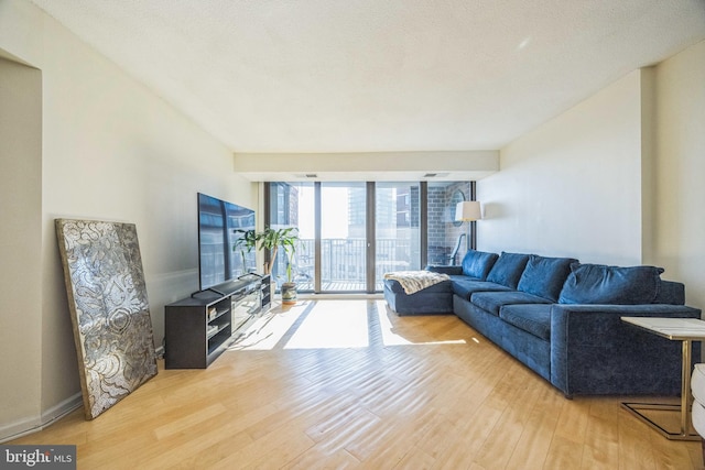 living room featuring hardwood / wood-style flooring and a textured ceiling