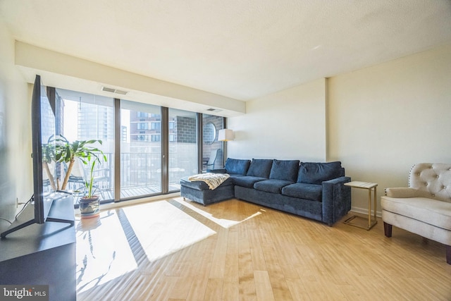 living room featuring light hardwood / wood-style floors and floor to ceiling windows