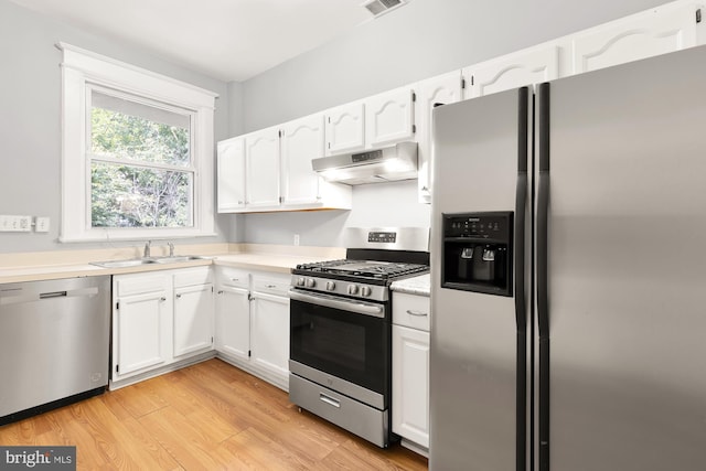 kitchen featuring sink, appliances with stainless steel finishes, white cabinetry, and light hardwood / wood-style floors